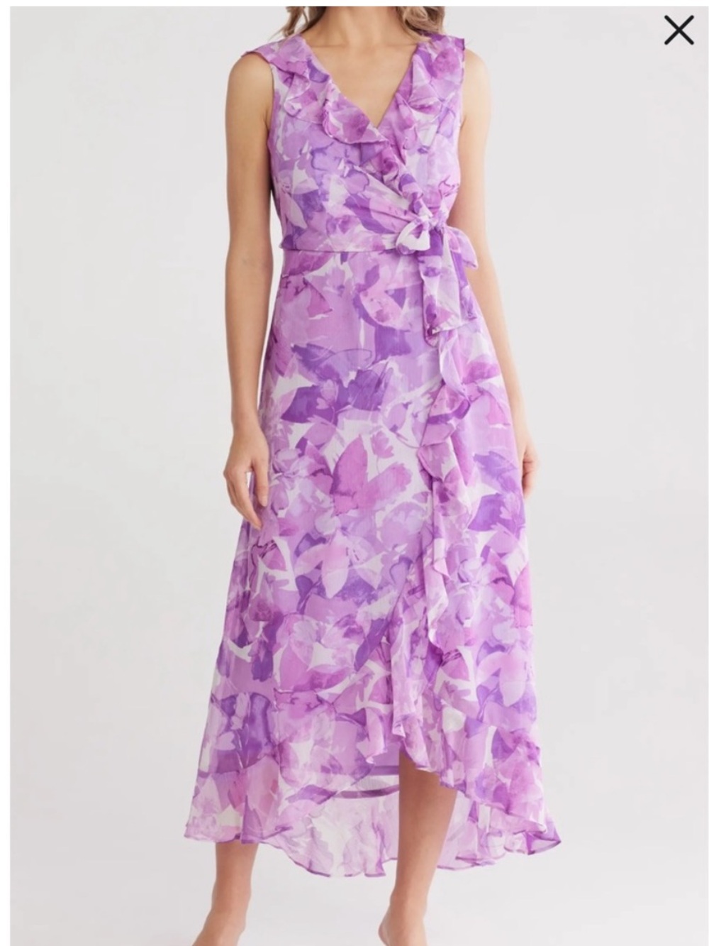 London Times Purple White Midi Faux Wrap Dress, sz 10, 20” PTP, 54” L